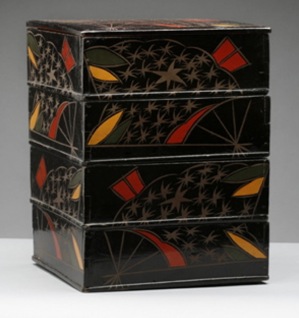 An Asian Painted Lacquer Four-Tier Box